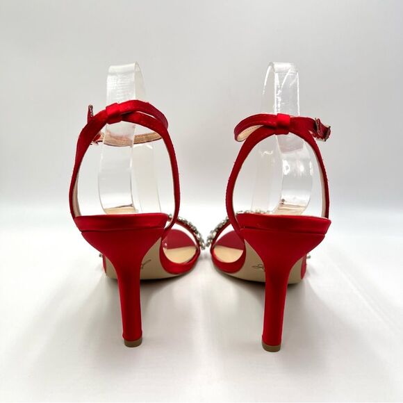 Jewel Badgley Mischka Size 10 Ojai Jeweled Red Satin Heels Dress Sandals Shoes - Picture 7 of 14